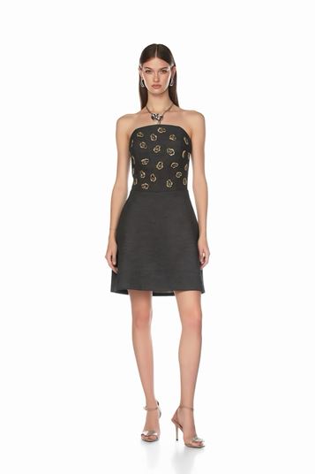 Black Strapless Mini Evening Dress with Stone Embellishments